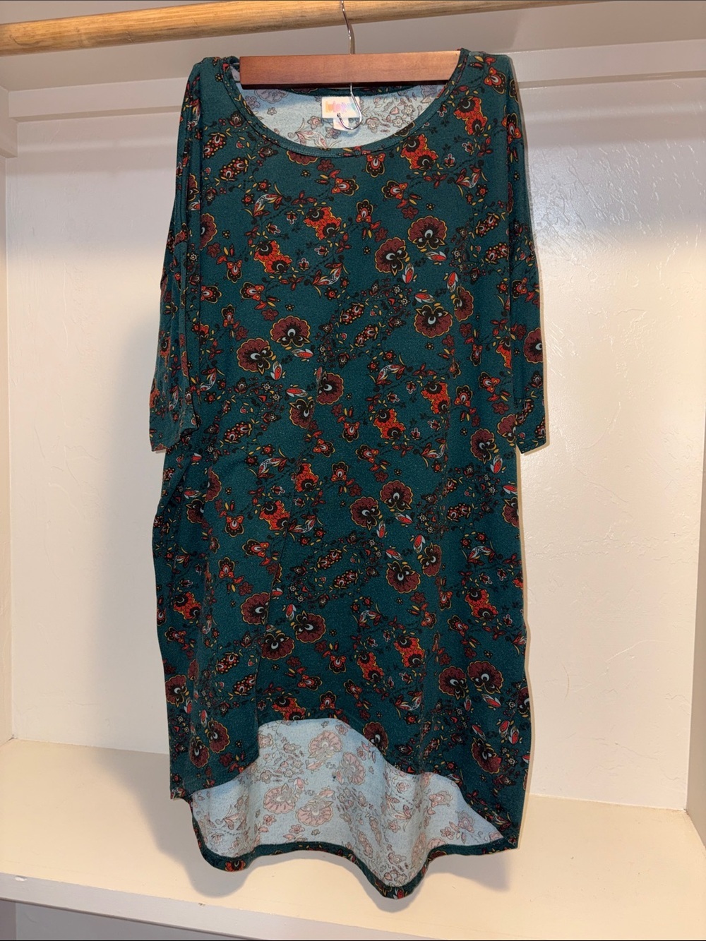 LuLaRoe Teal Floral High-Low Dress with Red and Brown Accents